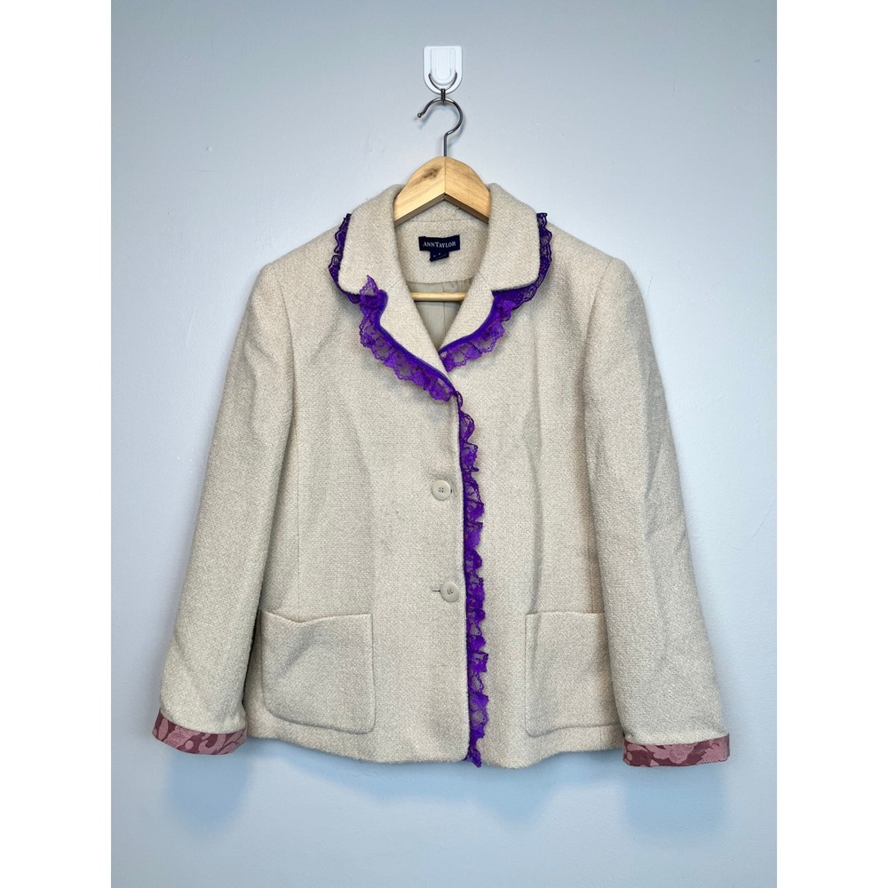 VTG Ann Taylor Cream Wool Blend Blazer Purple Lace Trim Size 6